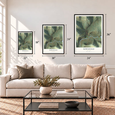 Downsville, New York map in 12 x 18, 18 x 24 and 24 x 36 inch sizes above a sofa