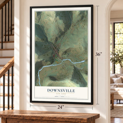 Downsville, New York map, 24 x 36 inch print in a black frame by a staircase
