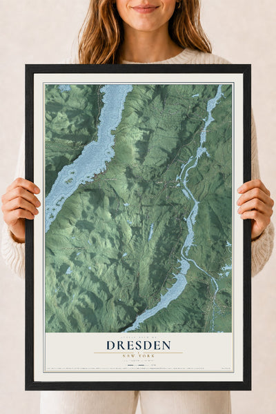 Dresden, New York map print, 18" x 24" W/ Black Ayous Wood Frame mockup