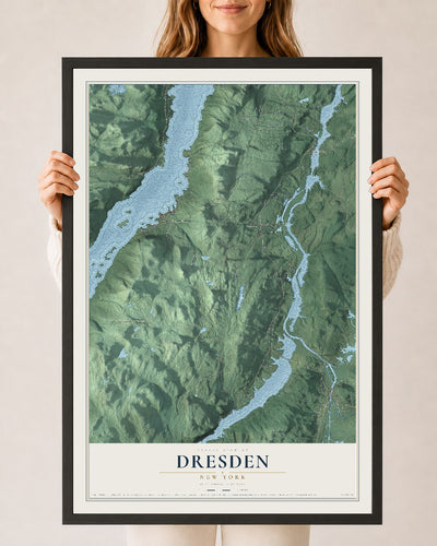Dresden, New York map print, 24" x 36" W/ Black Ayous Wood Frame mockup
