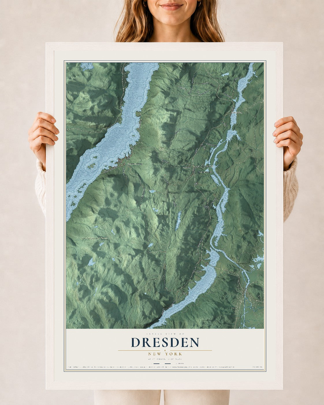 Dresden, New York map print, 24" x 36" W/ White Ayous Wood Frame mockup