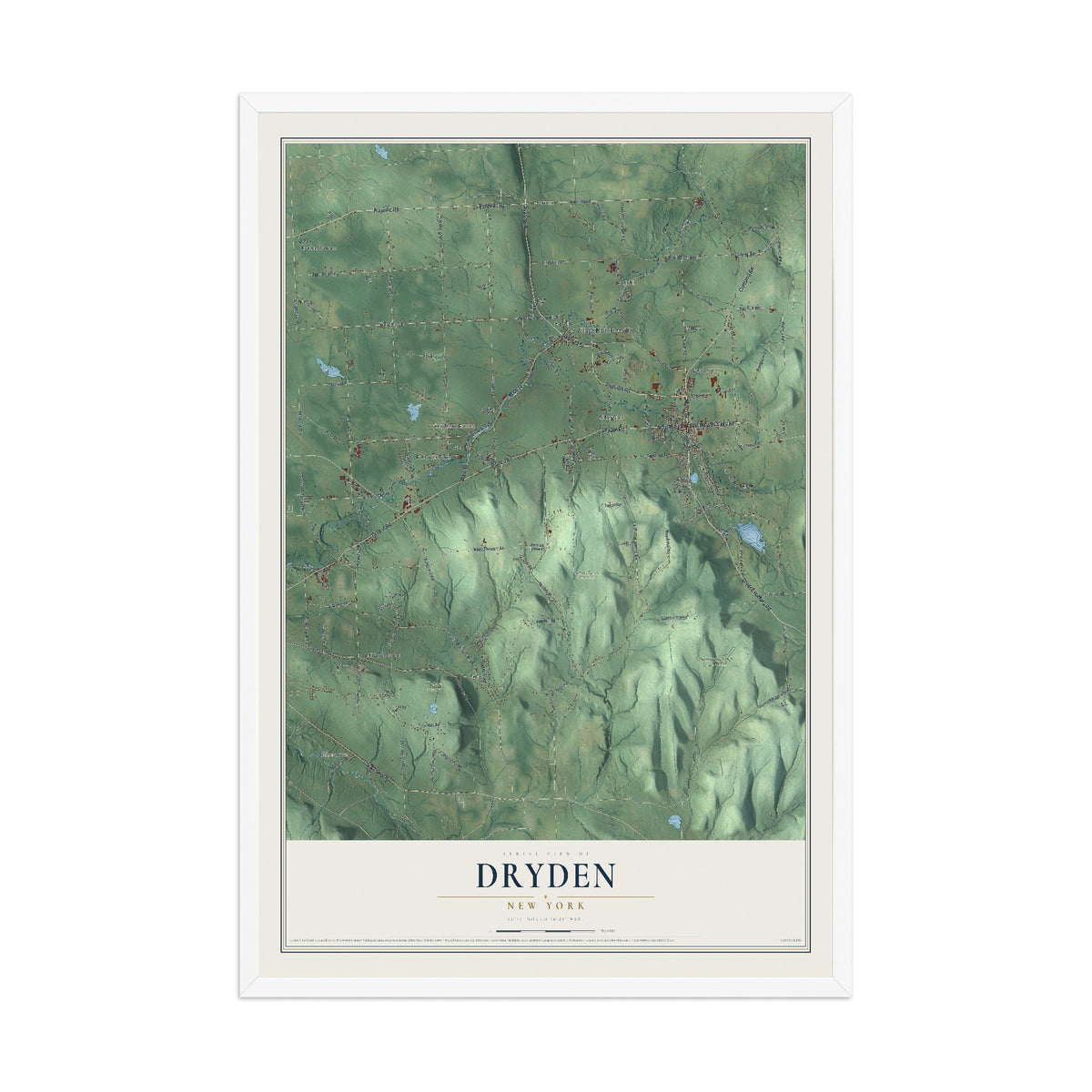 Dryden, New York map print, 12" x 18" W/ White Ayous Wood Frame mockup
