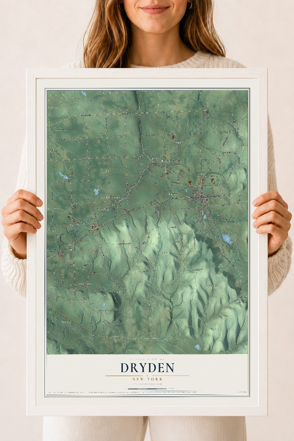Dryden, New York map print, 18" x 24" W/ White Ayous Wood Frame mockup