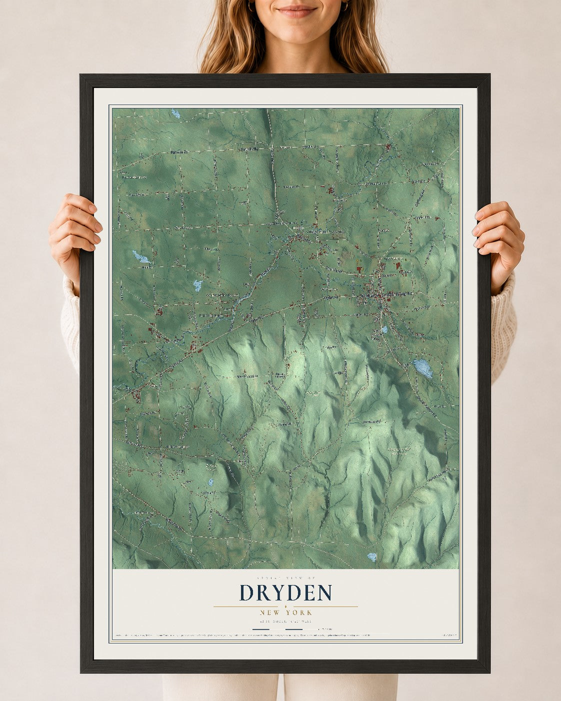 Dryden, New York map print, 24" x 36" W/ Black Ayous Wood Frame mockup
