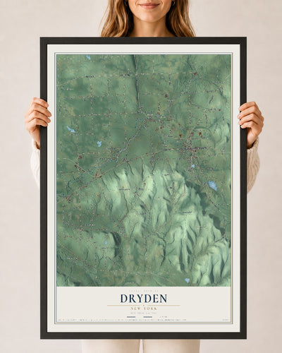Dryden, New York map print, 24" x 36" W/ Black Ayous Wood Frame mockup