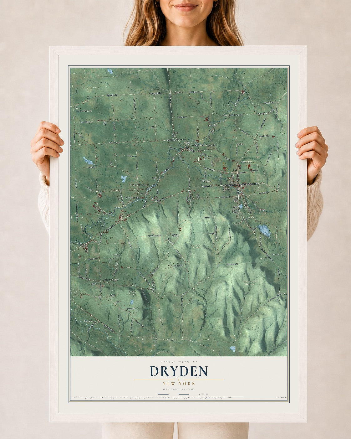 Dryden, New York map print, 24" x 36" W/ White Ayous Wood Frame mockup