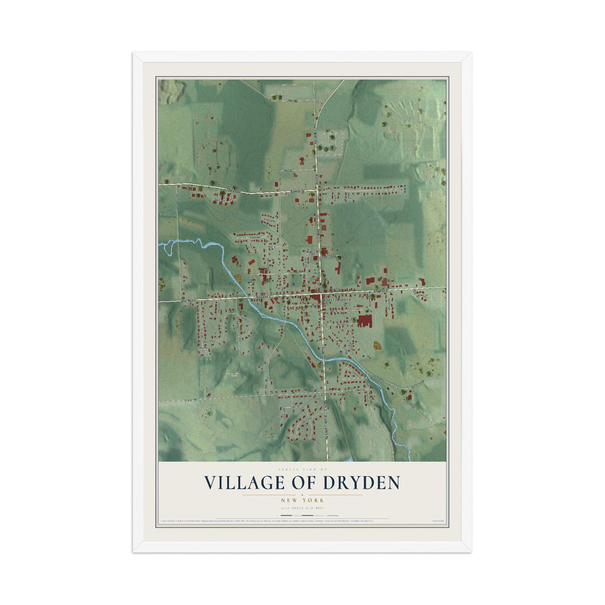 Dryden, New York map print, 12" x 18" W/ White Ayous Wood Frame mockup
