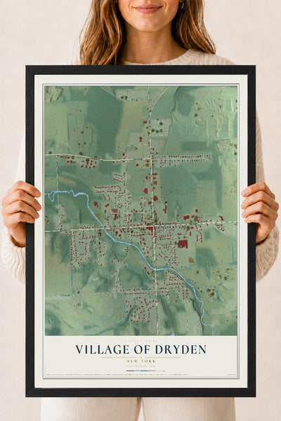 Dryden, New York map print, 18" x 24" W/ Black Ayous Wood Frame mockup