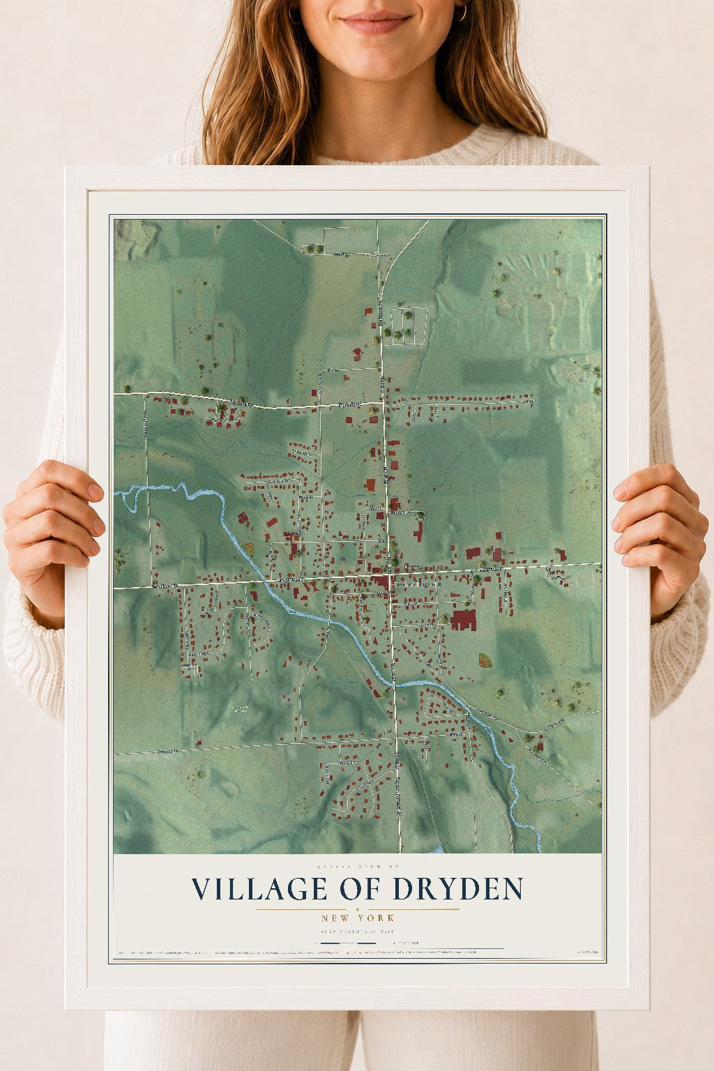 Dryden, New York map print, 18" x 24" W/ White Ayous Wood Frame mockup