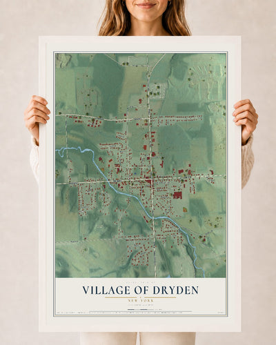 Dryden, New York map print, 24" x 36" W/ White Ayous Wood Frame mockup