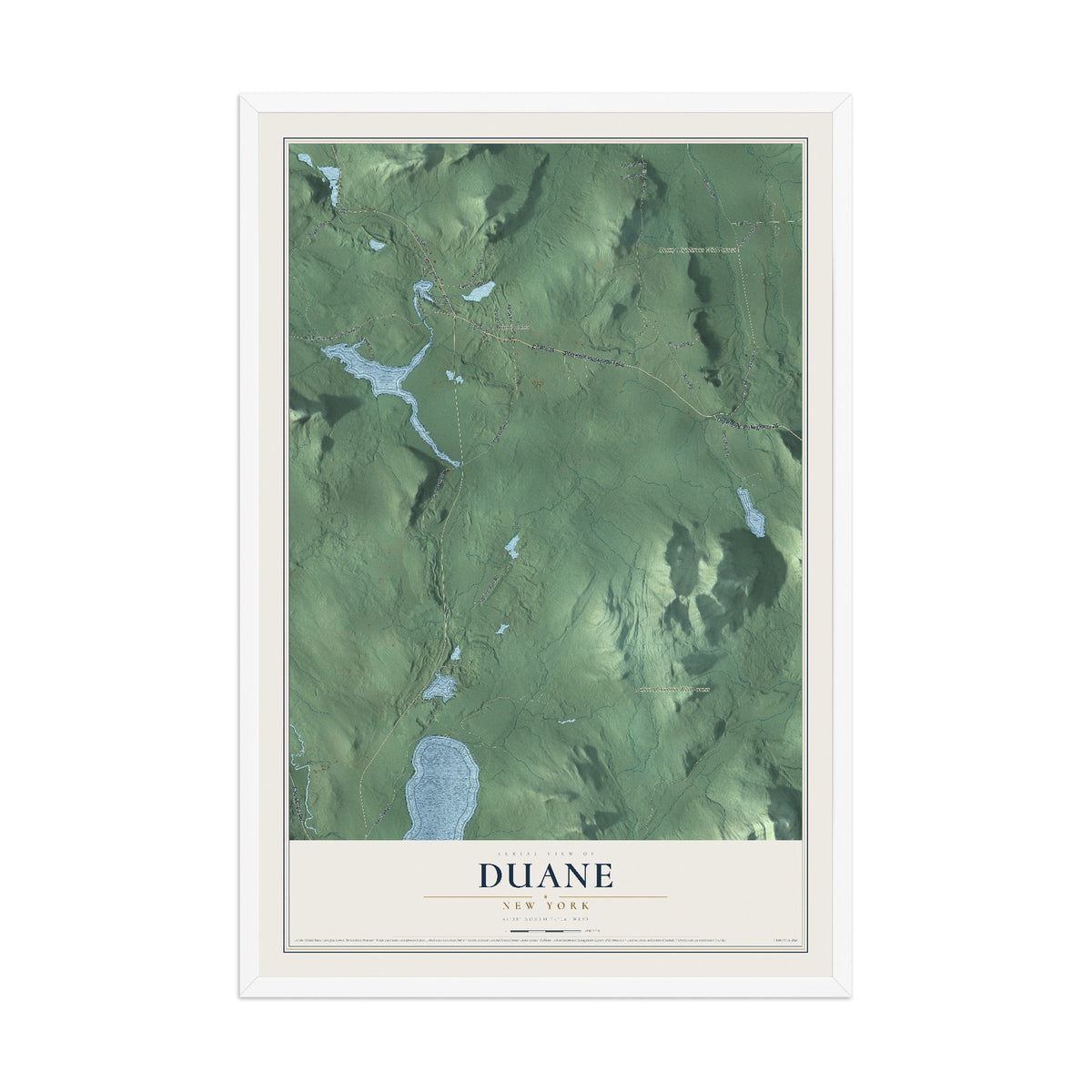 Duane, New York map print, 12" x 18" W/ White Ayous Wood Frame mockup