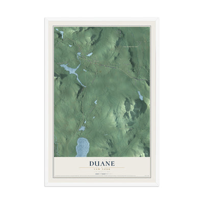 Duane, New York map print, 12" x 18" W/ White Ayous Wood Frame mockup