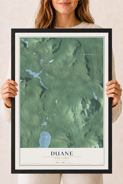 Duane, New York map print, 18" x 24" W/ Black Ayous Wood Frame mockup