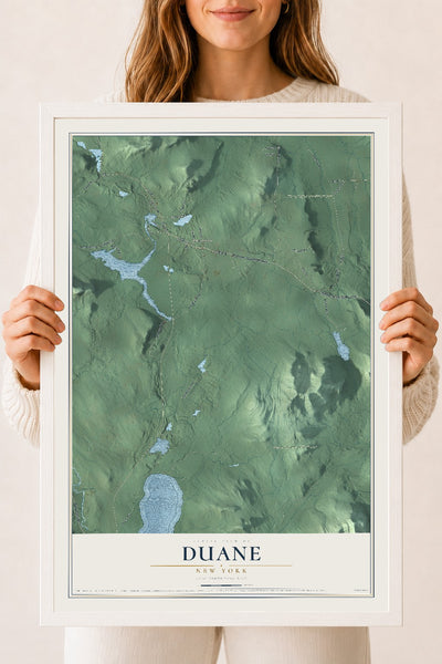 Duane, New York map print, 18" x 24" W/ White Ayous Wood Frame mockup
