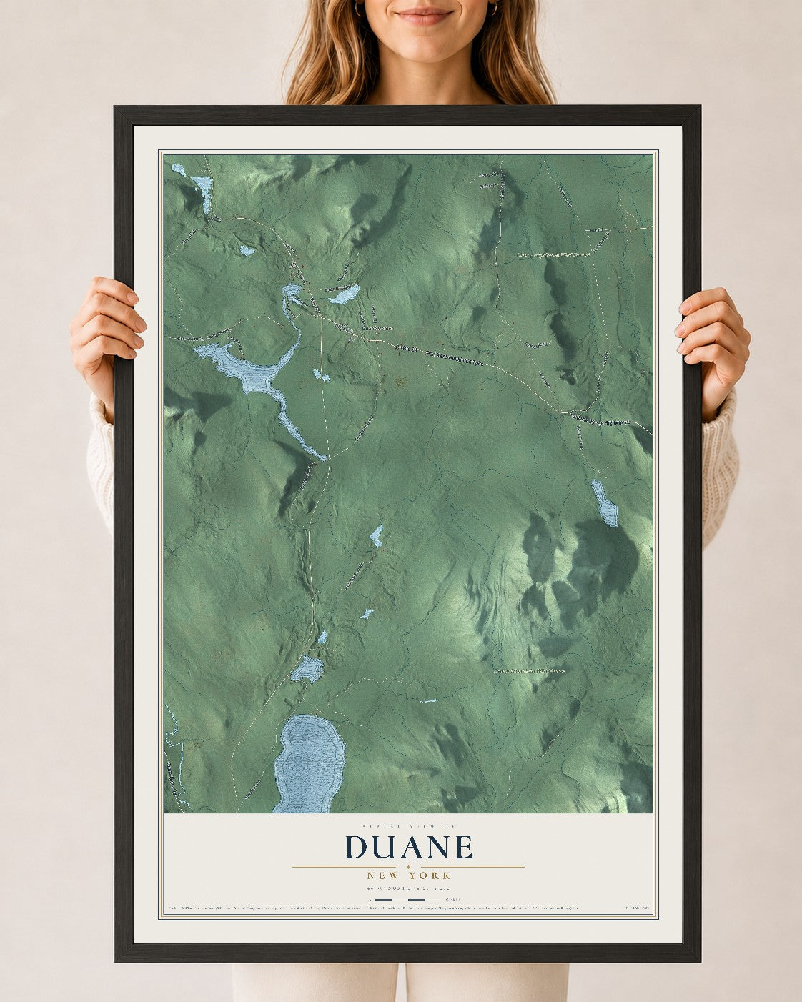 Duane, New York map print, 24" x 36" W/ Black Ayous Wood Frame mockup