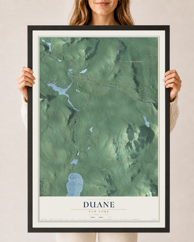Duane, New York map print, 24" x 36" W/ Black Ayous Wood Frame mockup