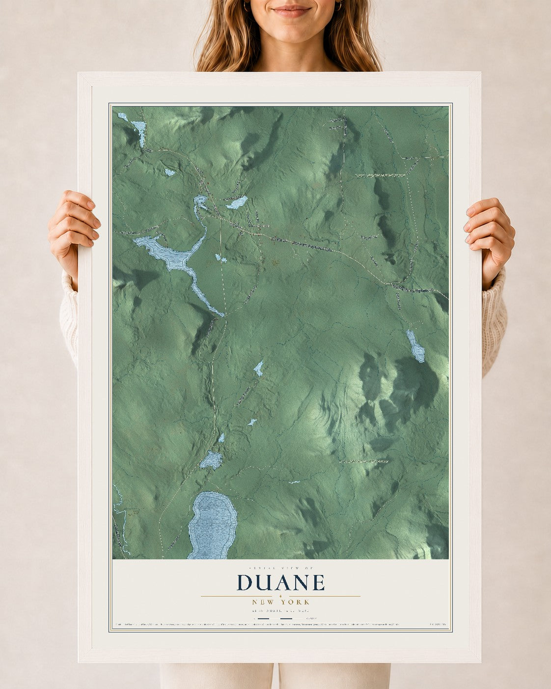 Duane, New York map print, 24" x 36" W/ White Ayous Wood Frame mockup