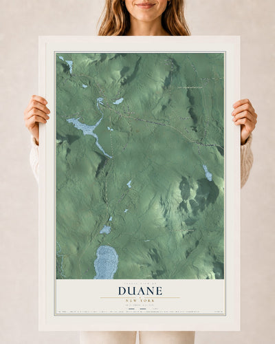 Duane, New York map print, 24" x 36" W/ White Ayous Wood Frame mockup
