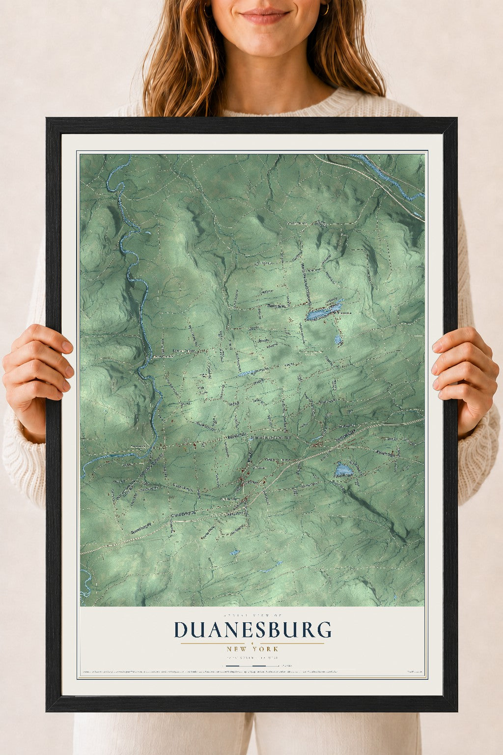Duanesburg, New York map print, 18" x 24" W/ Black Ayous Wood Frame mockup