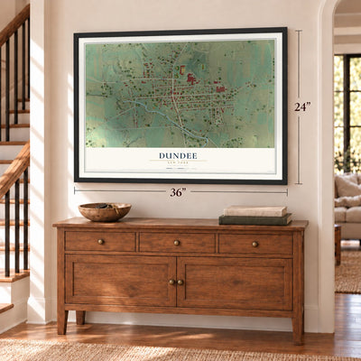 Dundee, New York map, 24 x 36 inch print in a black frame above a dresser by a staircase