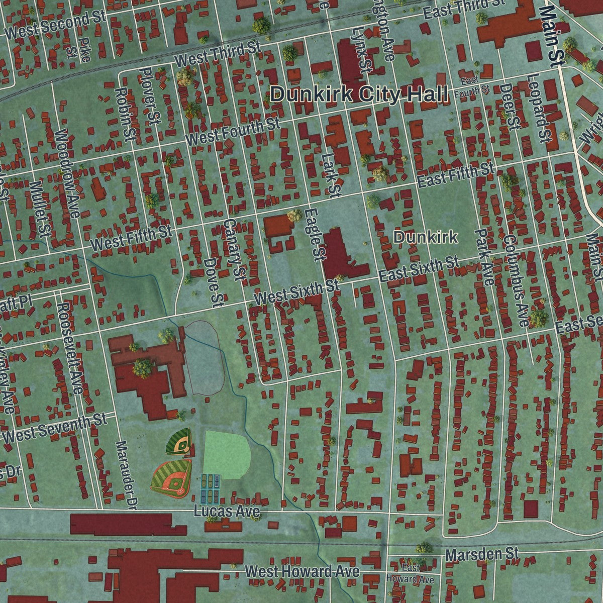 Close-up 1 of the Dunkirk City (Chautauqua County), New York map artwork