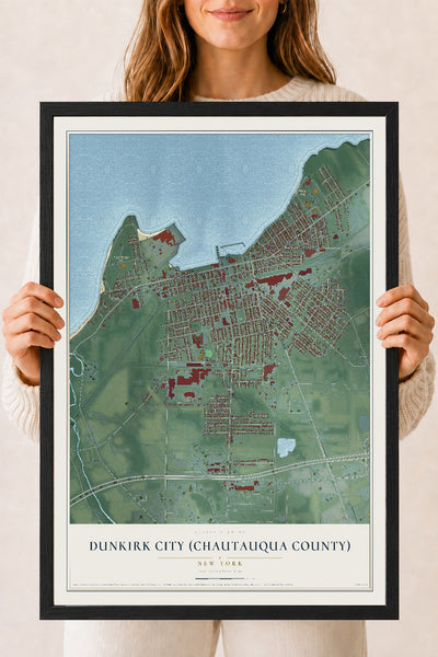 Dunkirk City (Chautauqua County), New York map print, 18" x 24" W/ Black Ayous Wood Frame mockup