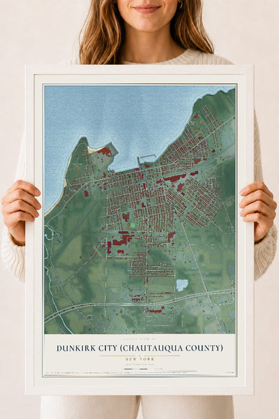 Dunkirk City (Chautauqua County), New York map print, 18" x 24" W/ White Ayous Wood Frame mockup