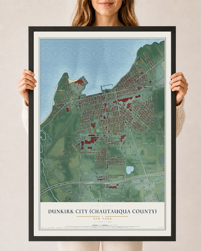 Dunkirk City (Chautauqua County), New York map print, 24" x 36" W/ Black Ayous Wood Frame mockup