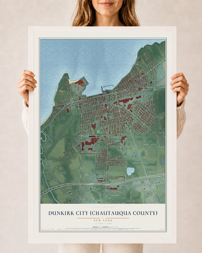 Dunkirk City (Chautauqua County), New York map print, 24" x 36" W/ White Ayous Wood Frame mockup