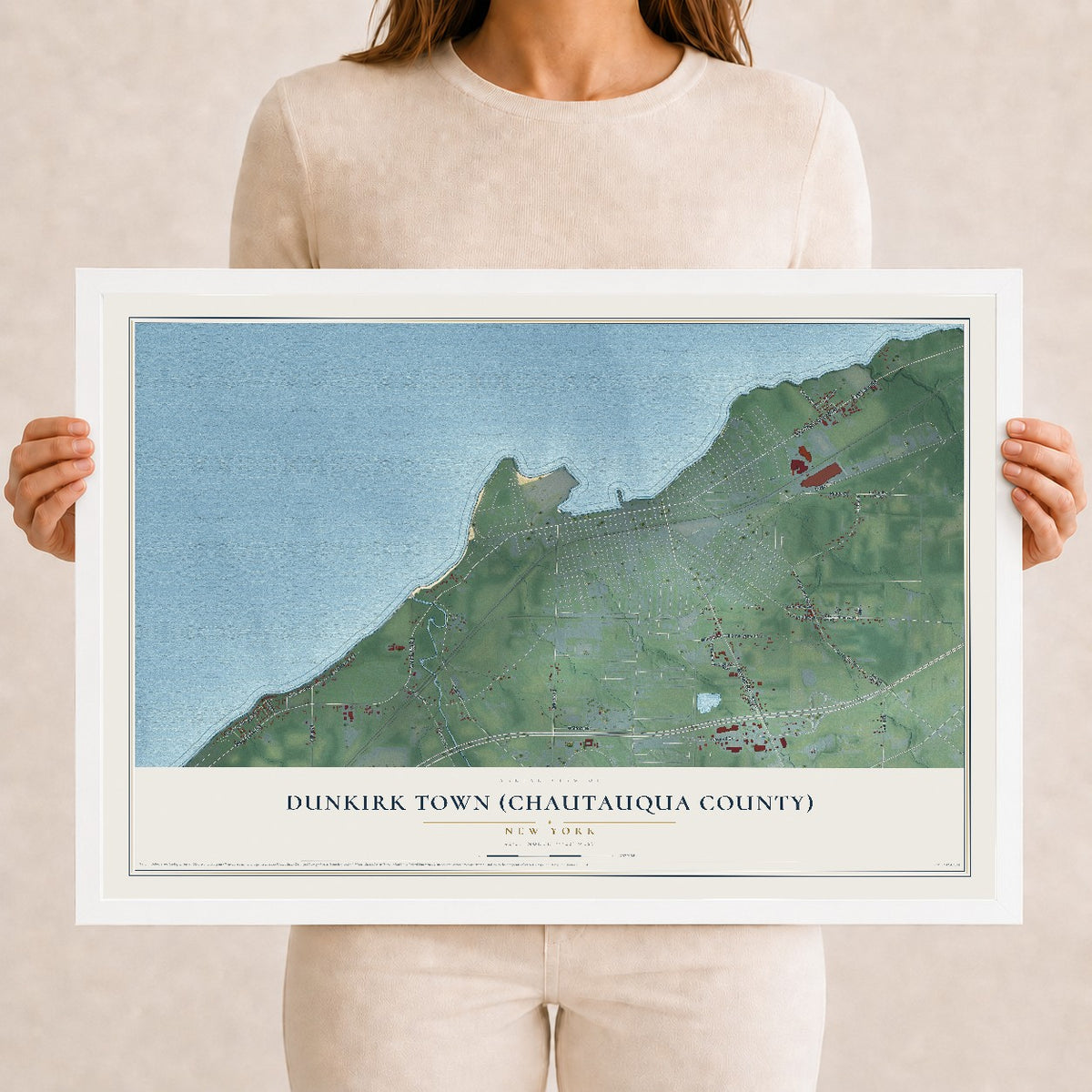 Dunkirk Town (Chautauqua County), New York map print, 12" x 18" W/ White Ayous Wood Frame mockup