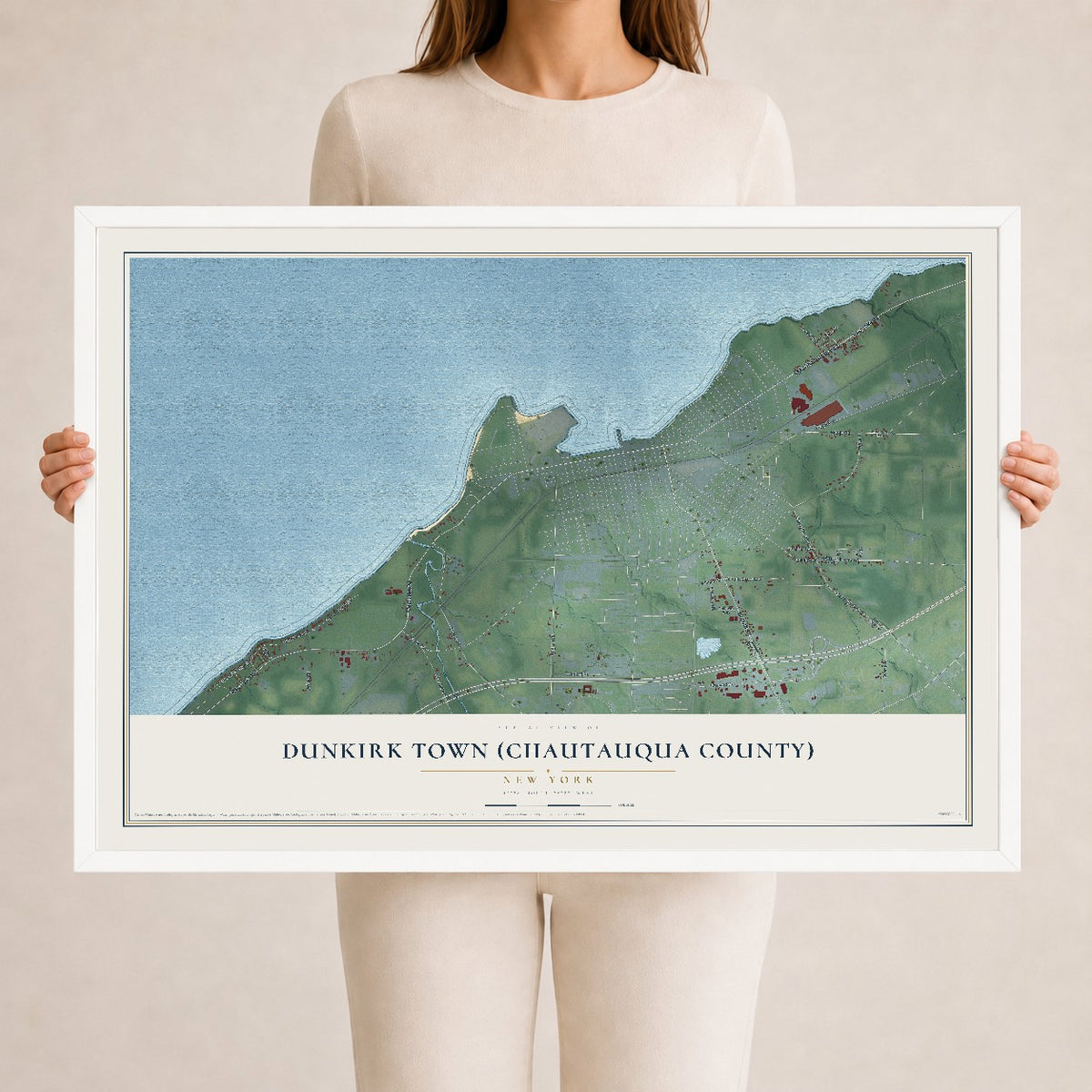 Dunkirk Town (Chautauqua County), New York map print, 24" x 36" W/ White Ayous Wood Frame mockup