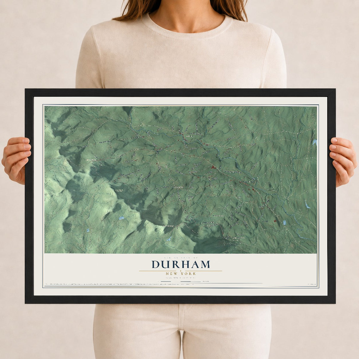 Durham, New York map print, 12" x 18" W/ Black Ayous Wood Frame mockup