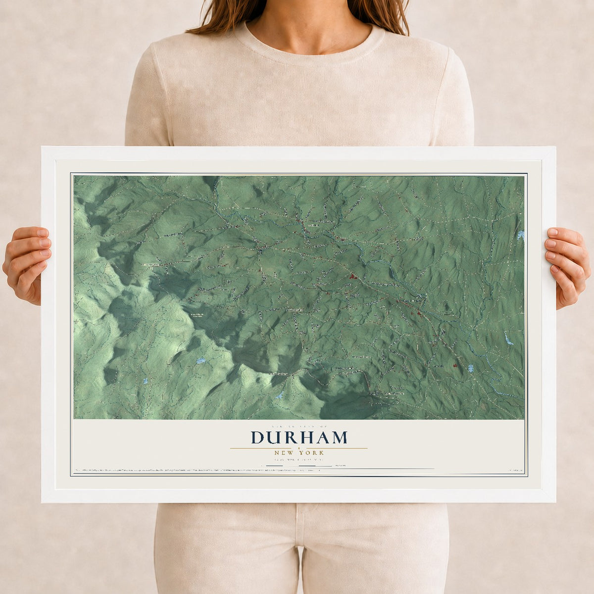 Durham, New York map print, 12" x 18" W/ White Ayous Wood Frame mockup