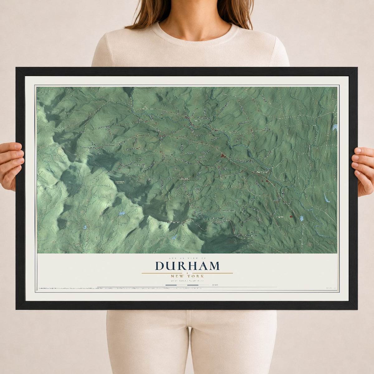Durham, New York map print, 18" x 24" W/ Black Ayous Wood Frame mockup