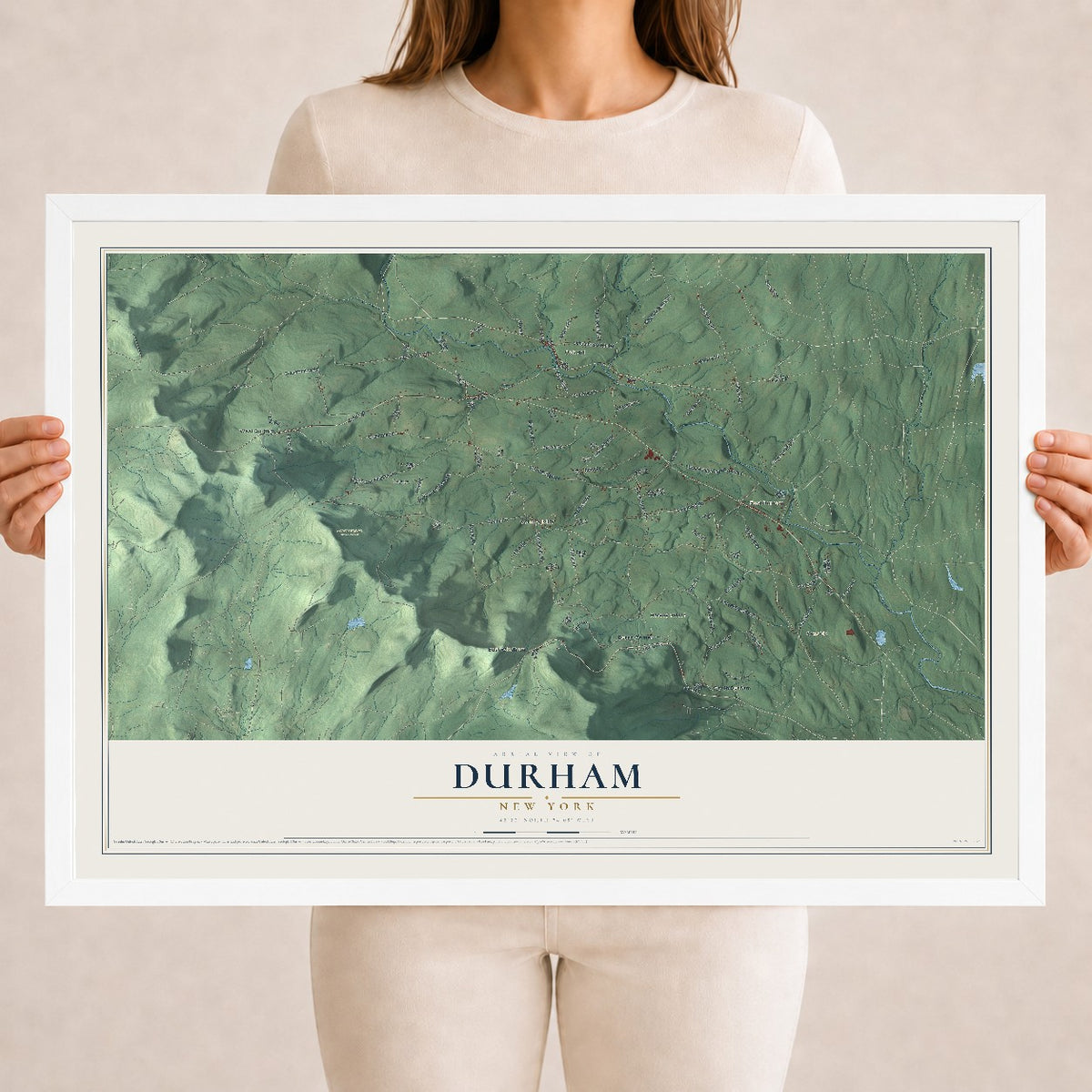 Durham, New York map print, 18" x 24" W/ White Ayous Wood Frame mockup