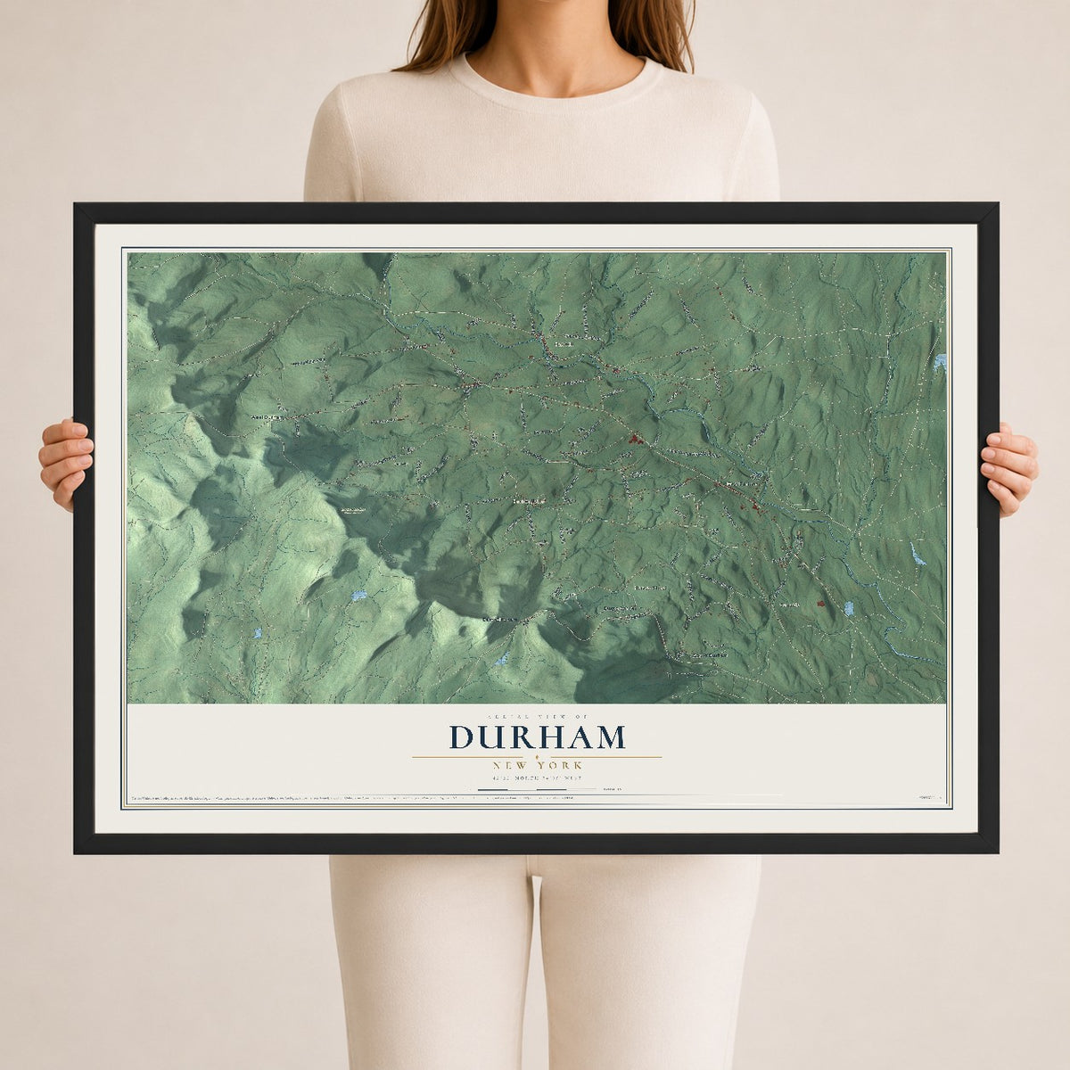 Durham, New York map print, 24" x 36" W/ Black Ayous Wood Frame mockup