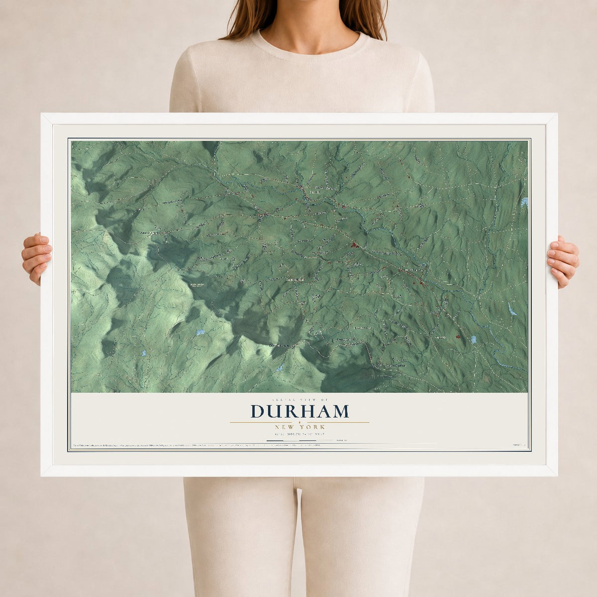 Durham, New York map print, 24" x 36" W/ White Ayous Wood Frame mockup