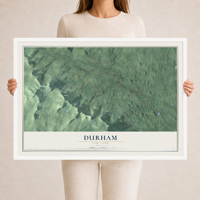 Durham, New York map print, 24" x 36" W/ White Ayous Wood Frame mockup
