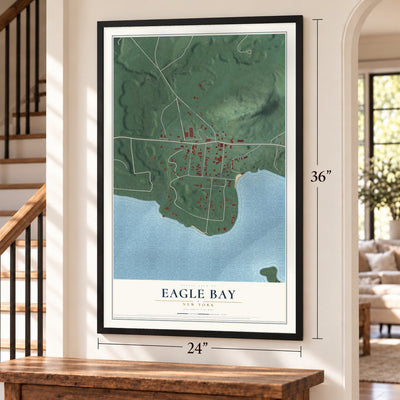 Eagle Bay, New York map, 24 x 36 inch print in a black frame by a staircase