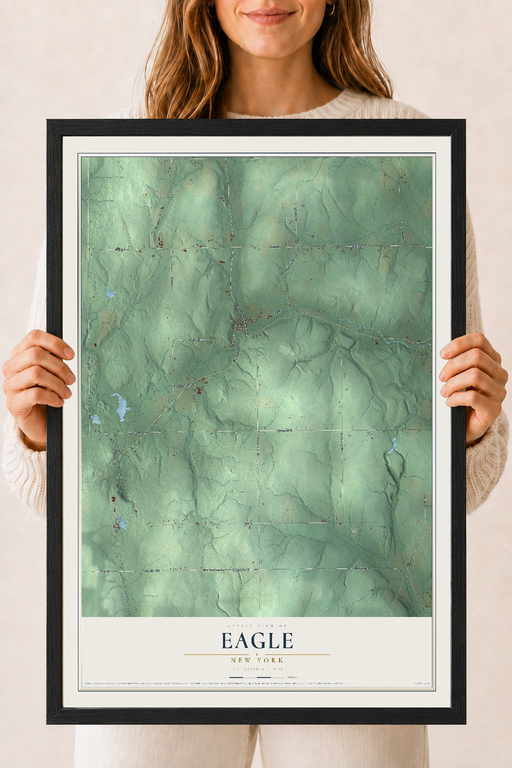 Eagle, New York map print, 18" x 24" W/ Black Ayous Wood Frame mockup