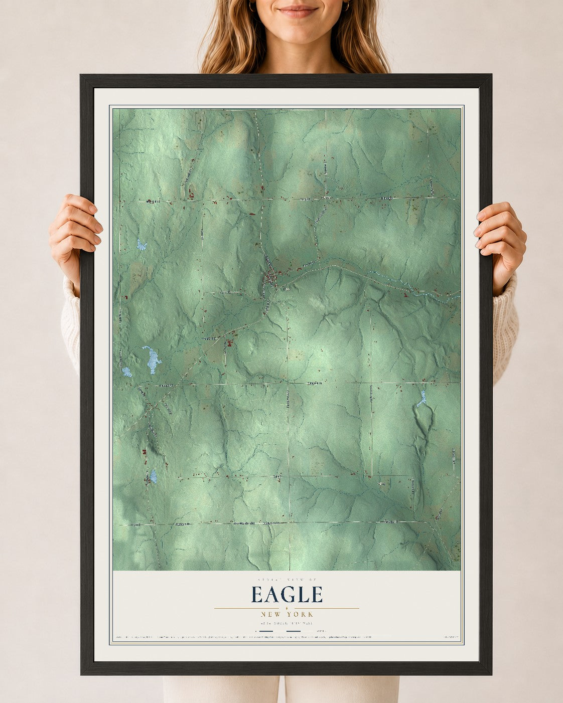 Eagle, New York map print, 24" x 36" W/ Black Ayous Wood Frame mockup
