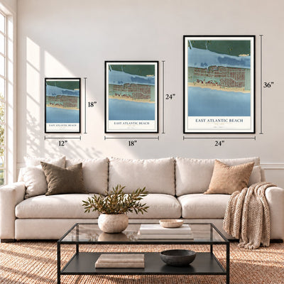 East Atlantic Beach, New York map in 12 x 18, 18 x 24 and 24 x 36 inch sizes above a sofa