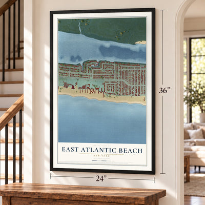 East Atlantic Beach, New York map, 24 x 36 inch print in a black frame by a staircase