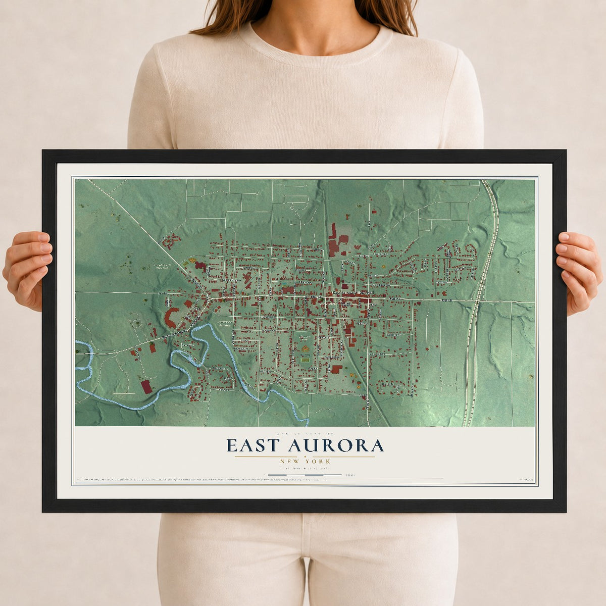 East Aurora, New York map print, 12" x 18" W/ Black Ayous Wood Frame mockup