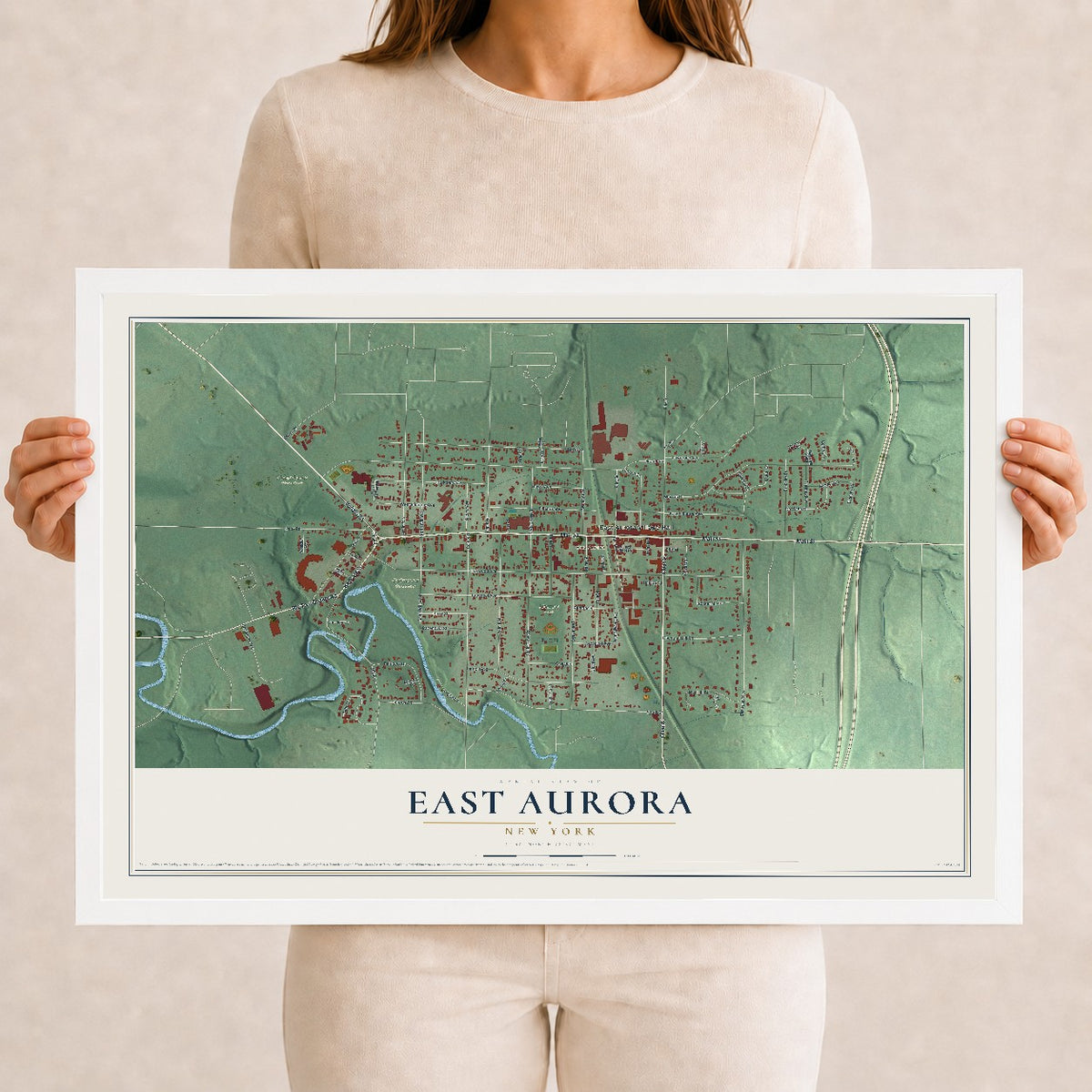 East Aurora, New York map print, 12" x 18" W/ White Ayous Wood Frame mockup
