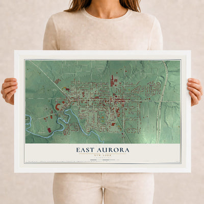 East Aurora, New York map print, 12" x 18" W/ White Ayous Wood Frame mockup