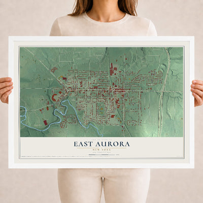 East Aurora, New York map print, 18" x 24" W/ White Ayous Wood Frame mockup
