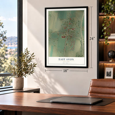 East Avon, New York map, 18 x 24 inch print in a black frame in a home office