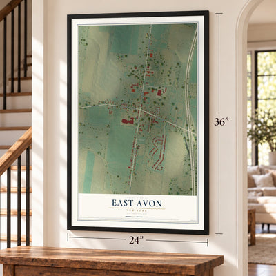 East Avon, New York map, 24 x 36 inch print in a black frame by a staircase