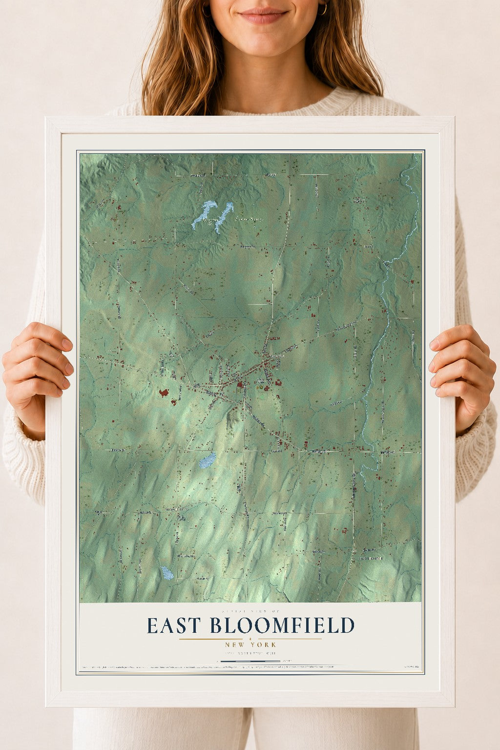 East Bloomfield, New York map print, 18" x 24" W/ White Ayous Wood Frame mockup